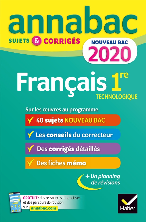 Couverture de Annabac 2020 : Français, 1re Technologique 